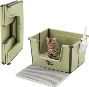 Pawque High Sides Large Cat Litter Box, Low Entry Open Top Foldable Portable Travel Cat Potty Pan with Litter Mat and Scoop for Kitty Old Cats, Anti Splashing Easy Clean Sturdy Tall Litter Box, Green