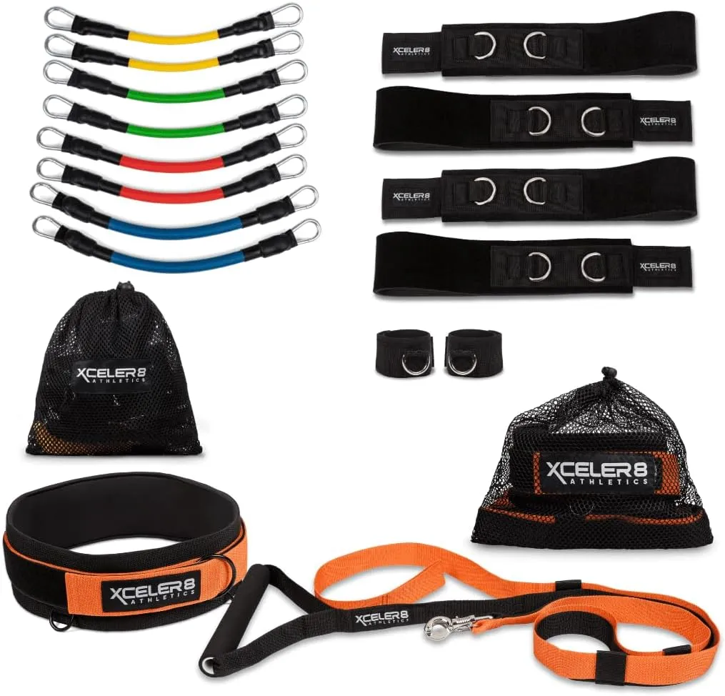 PERFORMANCE BUNDLE: Speed and Agility Training Equipment Set: Strength and Leg Resistance Bands & Overload Running Resistance Harness & Release | Sprint, Track & Field, Football | Training Videos