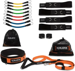 PERFORMANCE BUNDLE: Speed and Agility Training Equipment Set: Strength and Leg Resistance Bands & Overload Running Resistance Harness & Release | Sprint, Track & Field, Football | Training Videos
