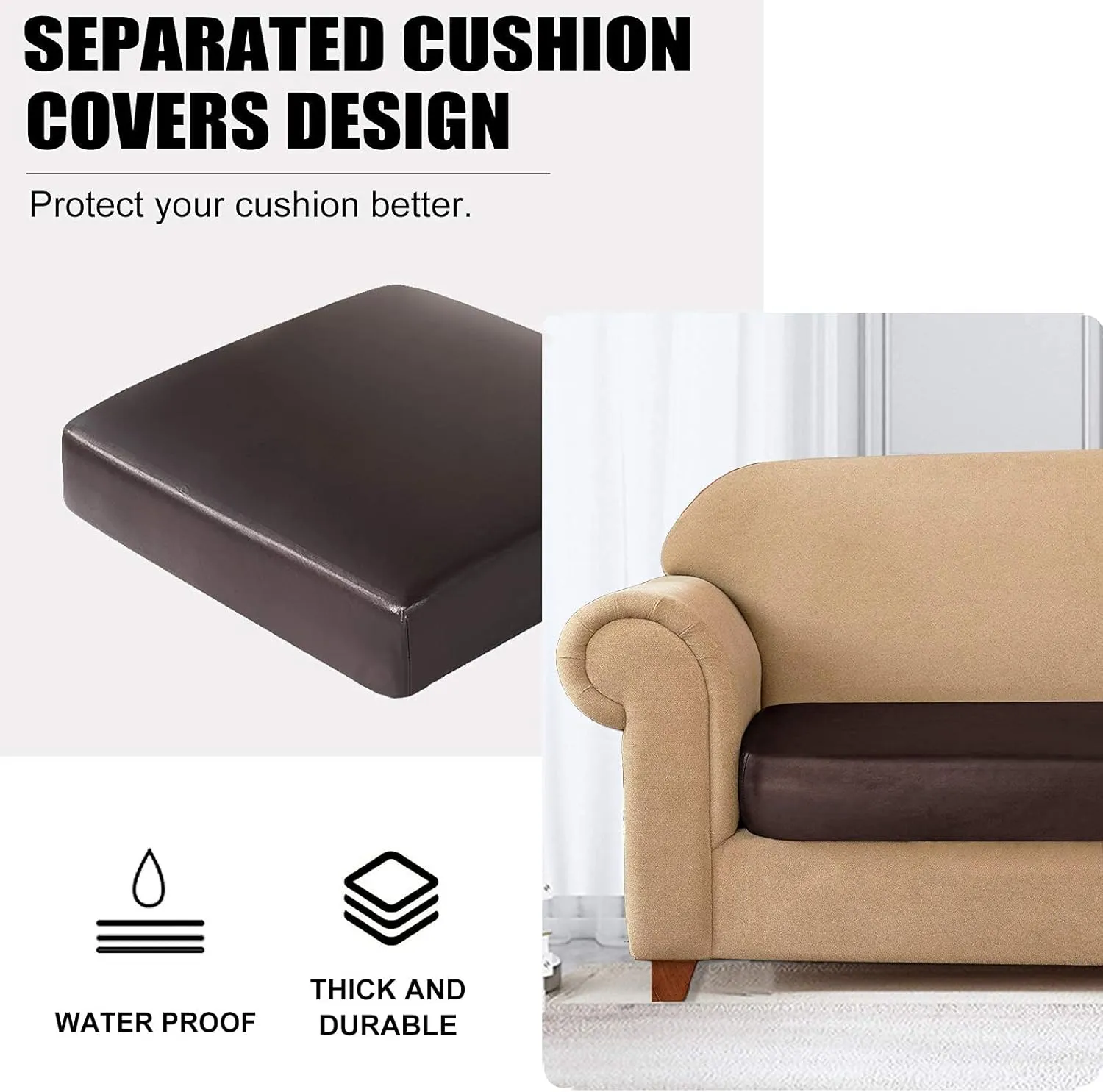 PU Leather Sofa Cushion Covers for Living Room 3 Seater, Super Fit and Soft with Elastic Bottom Waterproof Furniture Protector for Children, Pet (Sofa Cushion, Chocolate)