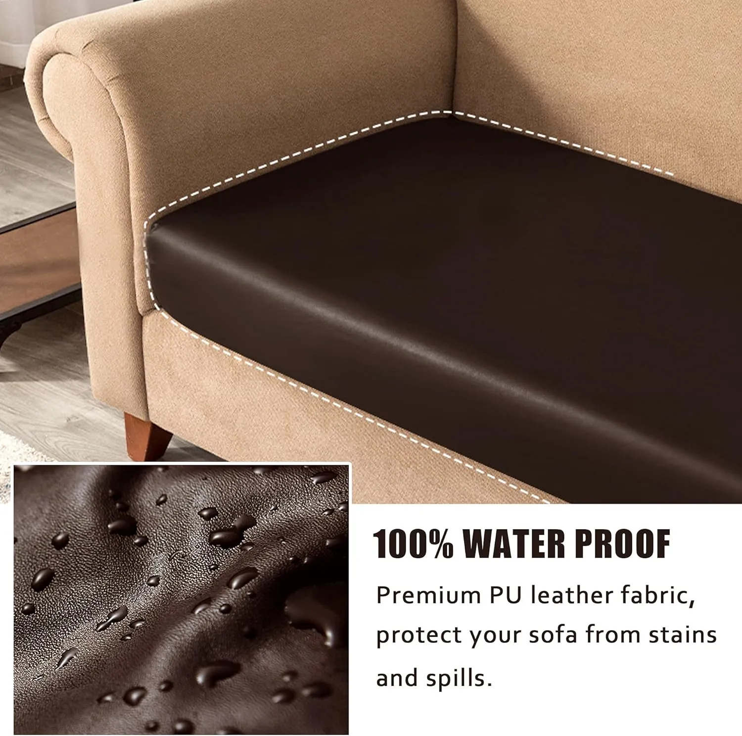 PU Leather Sofa Cushion Covers for Living Room 3 Seater, Super Fit and Soft with Elastic Bottom Waterproof Furniture Protector for Children, Pet (Sofa Cushion, Chocolate)