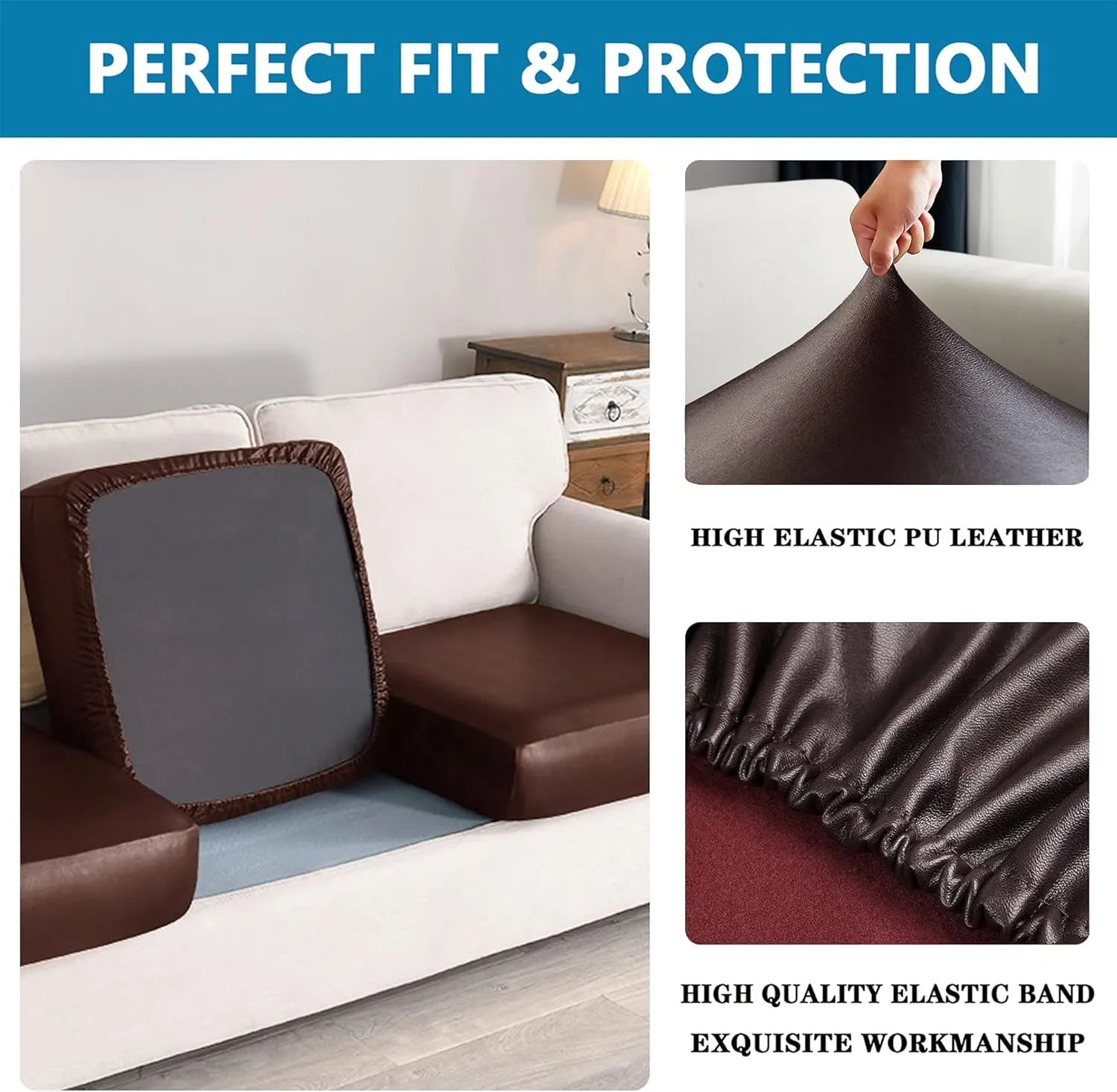 PU Leather Sofa Cushion Covers for Living Room 3 Seater, Super Fit and Soft with Elastic Bottom Waterproof Furniture Protector for Children, Pet (Sofa Cushion, Chocolate)