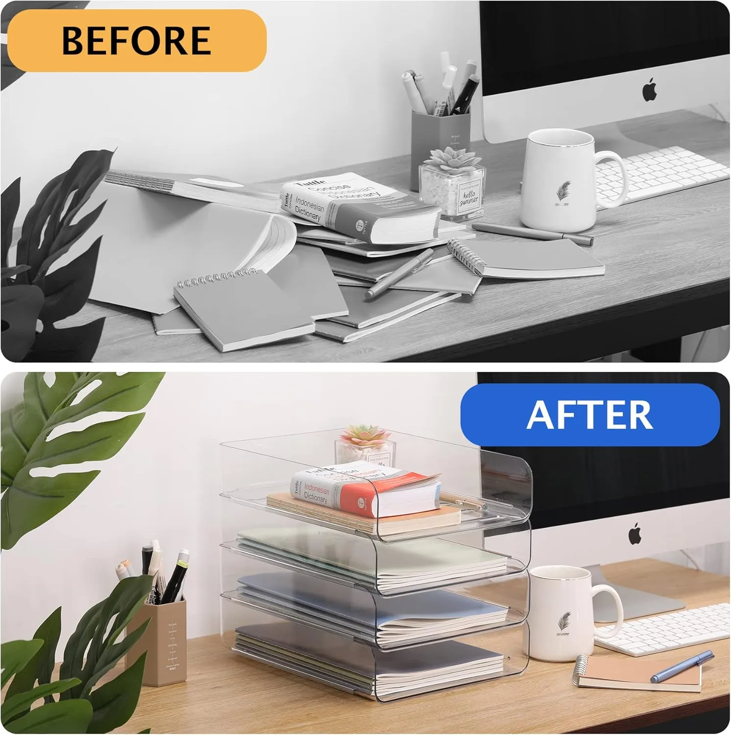 Set of 4 Office Organization and Storage, Clear PET Letter Tray Desk Organizer, Stackable Paper Tray Organizer for Desk Accessories, Notes, Pens, File Paper, Document