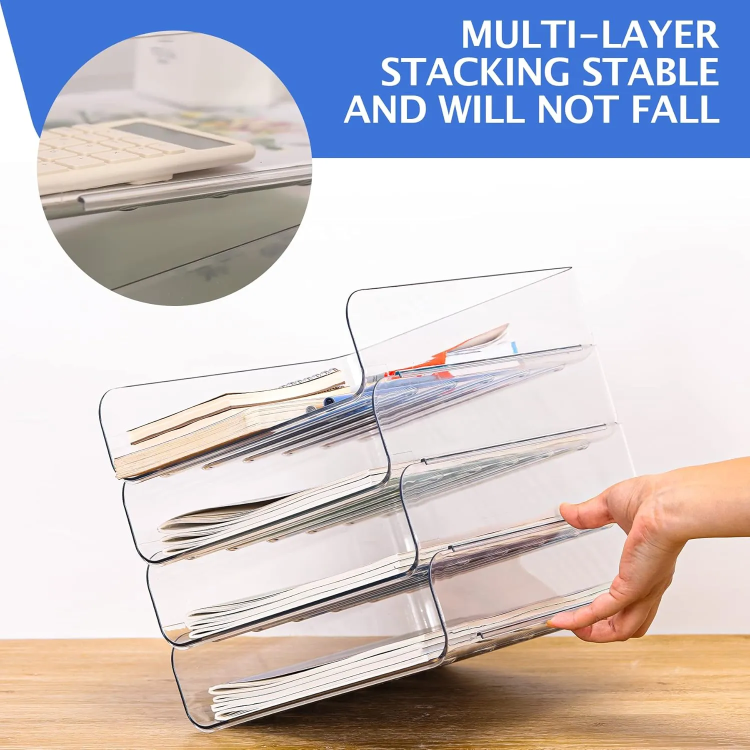 Set of 4 Office Organization and Storage, Clear PET Letter Tray Desk Organizer, Stackable Paper Tray Organizer for Desk Accessories, Notes, Pens, File Paper, Document