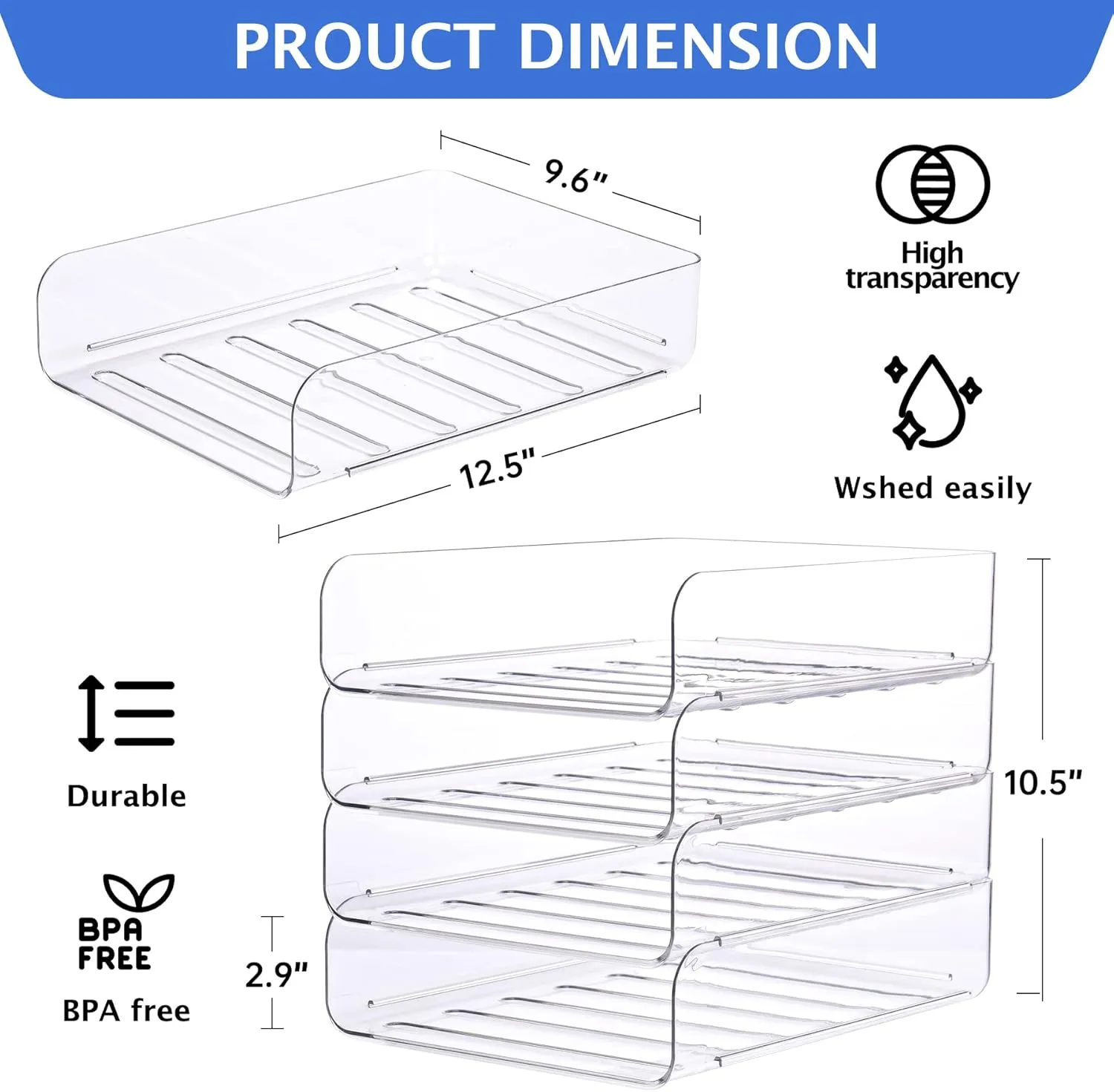 Set of 4 Office Organization and Storage, Clear PET Letter Tray Desk Organizer, Stackable Paper Tray Organizer for Desk Accessories, Notes, Pens, File Paper, Document
