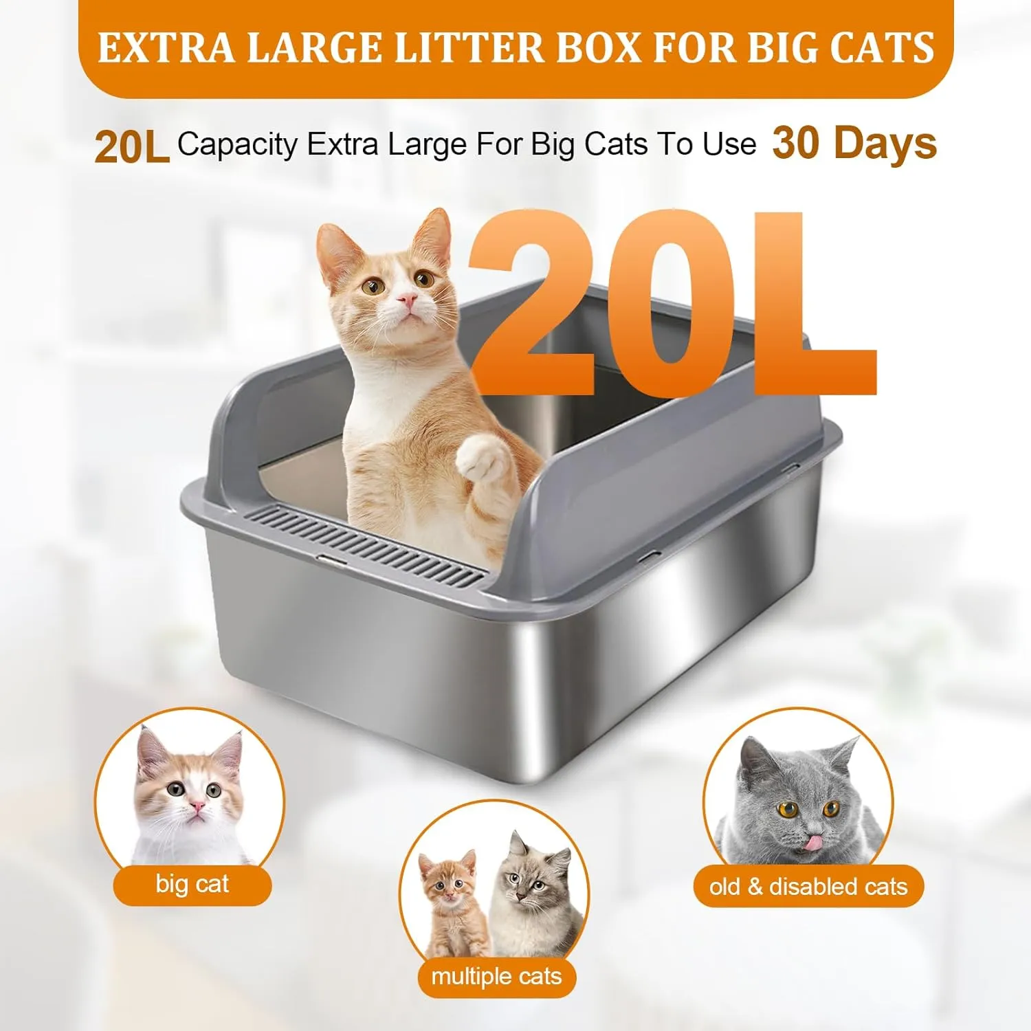 Stainless Steel High Sided Cat Litter Box with Lid - Easy Cleaning, Metal Scoop Included