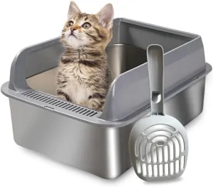 Stainless Steel High Sided Cat Litter Box with Lid - Easy Cleaning, Metal Scoop Included