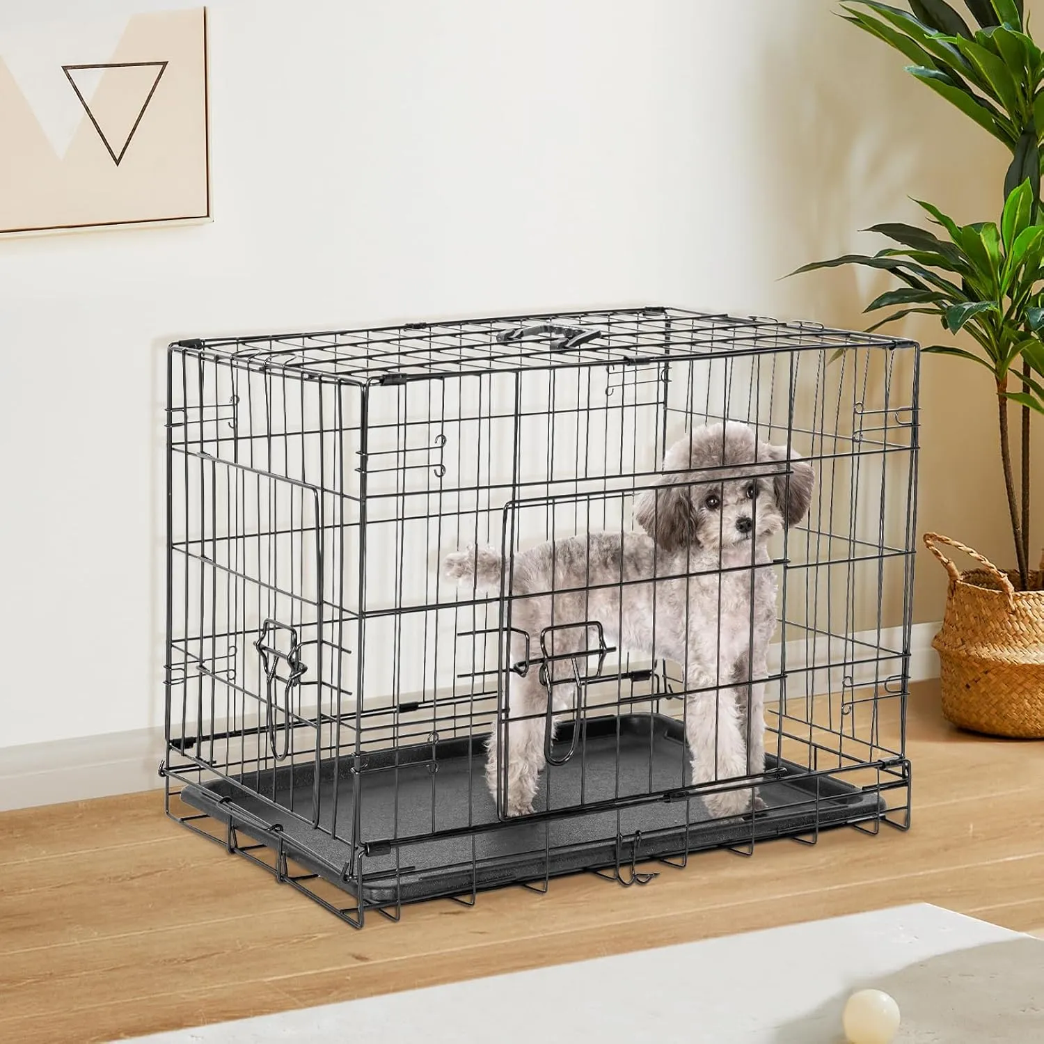 Sweetcrispy 24-Inch Double-Door Iron Dog Crate  Heavy-Duty Metal Kennel with Secure Locks, Foldable Design, & Removable Tray for Easy Cleaning, Durable Pet Cage for Home or Travel