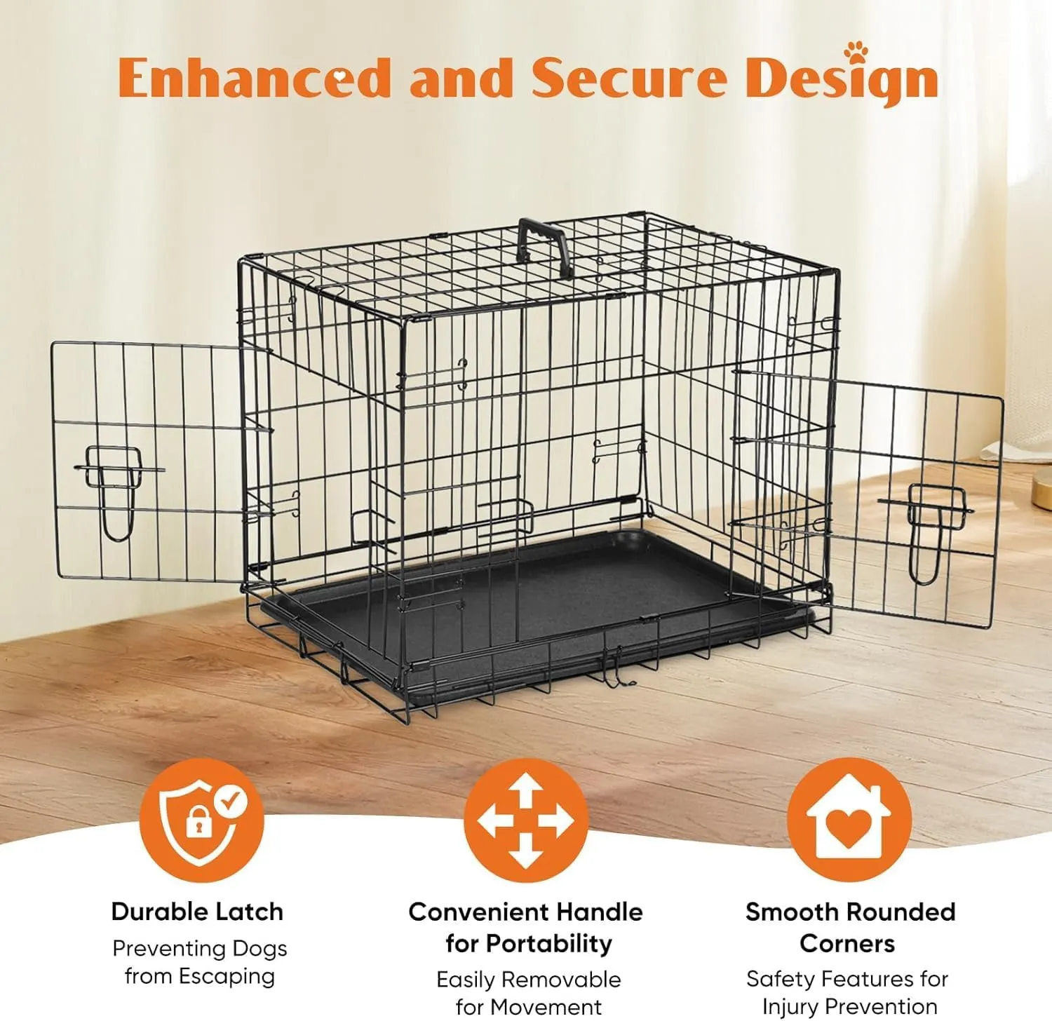 Sweetcrispy 24-Inch Double-Door Iron Dog Crate  Heavy-Duty Metal Kennel with Secure Locks, Foldable Design, & Removable Tray for Easy Cleaning, Durable Pet Cage for Home or Travel