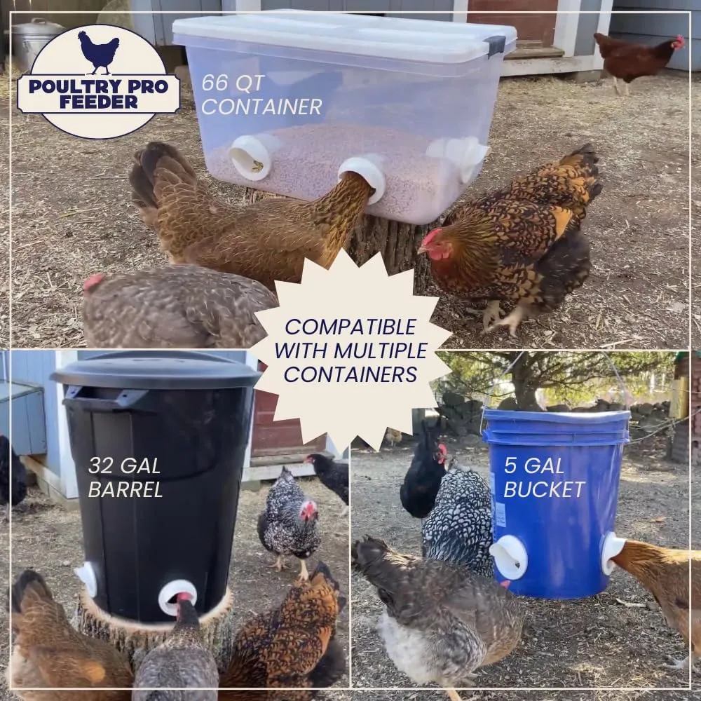 The Original Poultry Pro DIY Chicken Feeder | 3 Ports Poultry Feeders for Chicken Coop | Use for Buckets & Bins | Rain Proof, Weather Resistant - Original Feeder 3-Pack with Hole Saw