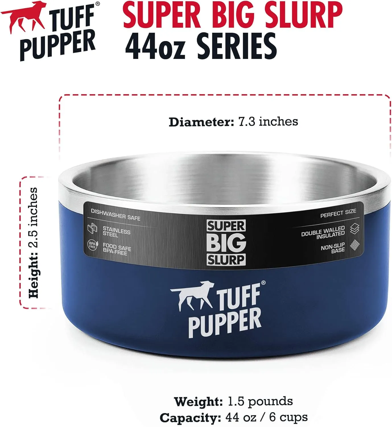 Tuff Pupper Heavy Duty Insulated Dog Bowl | Double Wall Stainless Steel Dog Food Dish | Non-Slip Spill Proof Dishwasher Safe Cat Bowl | Water Dish for Feeding Large Medium Small Pets (44oz, Blue)