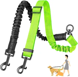 Two Dog Lead, 2 in 1 Upgraded Double Dog Leash Attachment Combine Adjustable Strap and Shock Absorbing Bungee No Tangle Dual Training Splitter for Different Size Dogs