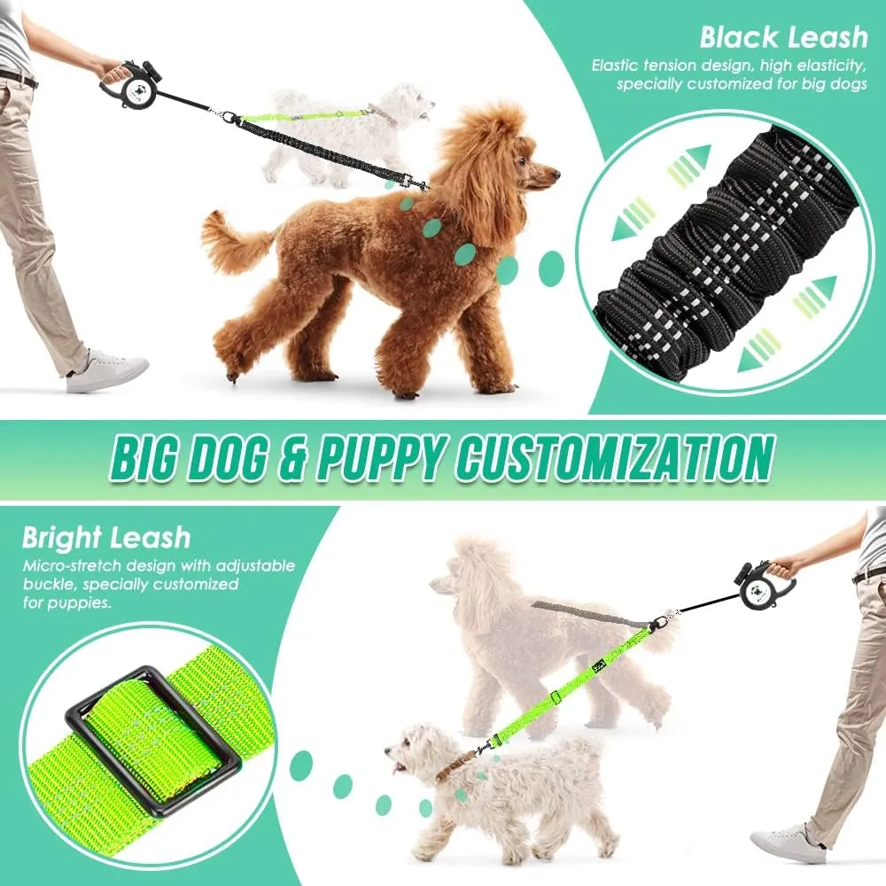 Two Dog Lead, 2 in 1 Upgraded Double Dog Leash Attachment Combine Adjustable Strap and Shock Absorbing Bungee No Tangle Dual Training Splitter for Different Size Dogs