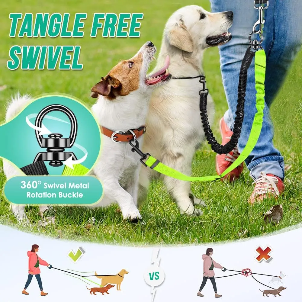 Two Dog Lead, 2 in 1 Upgraded Double Dog Leash Attachment Combine Adjustable Strap and Shock Absorbing Bungee No Tangle Dual Training Splitter for Different Size Dogs