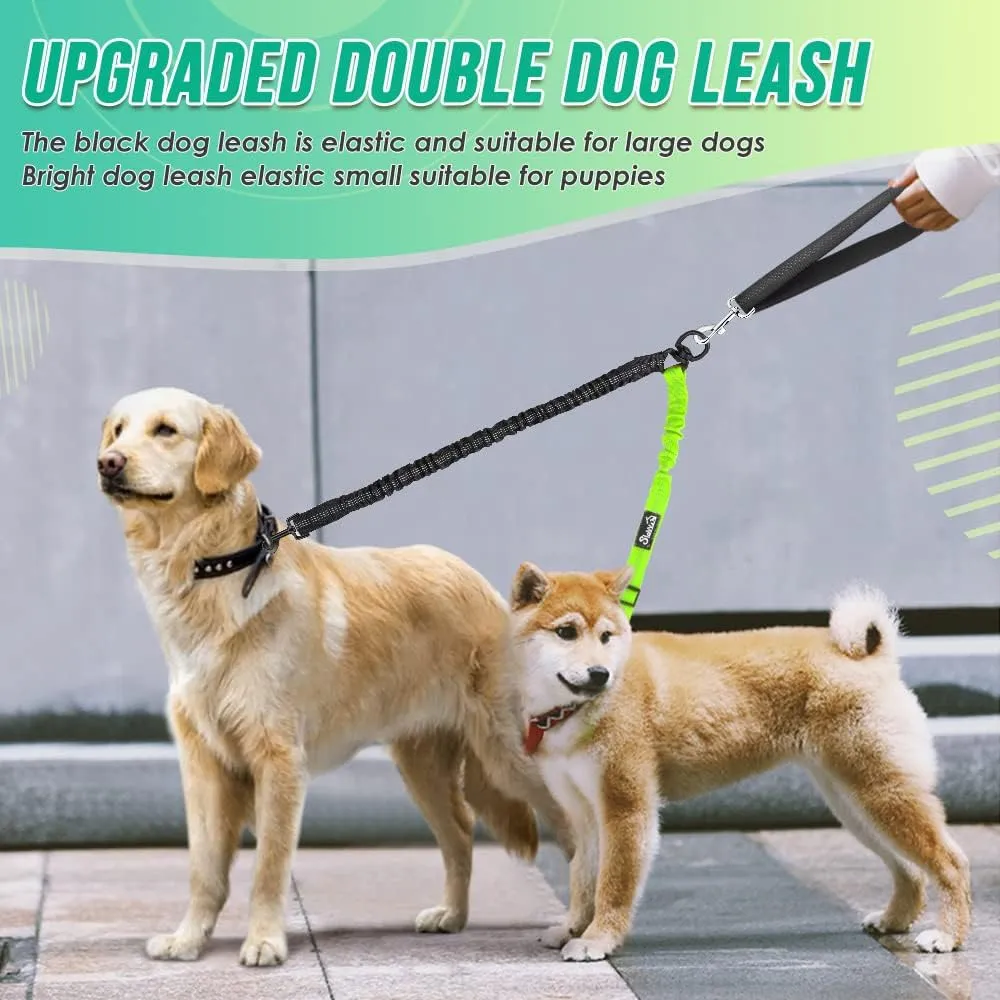 Two Dog Lead, 2 in 1 Upgraded Double Dog Leash Attachment Combine Adjustable Strap and Shock Absorbing Bungee No Tangle Dual Training Splitter for Different Size Dogs