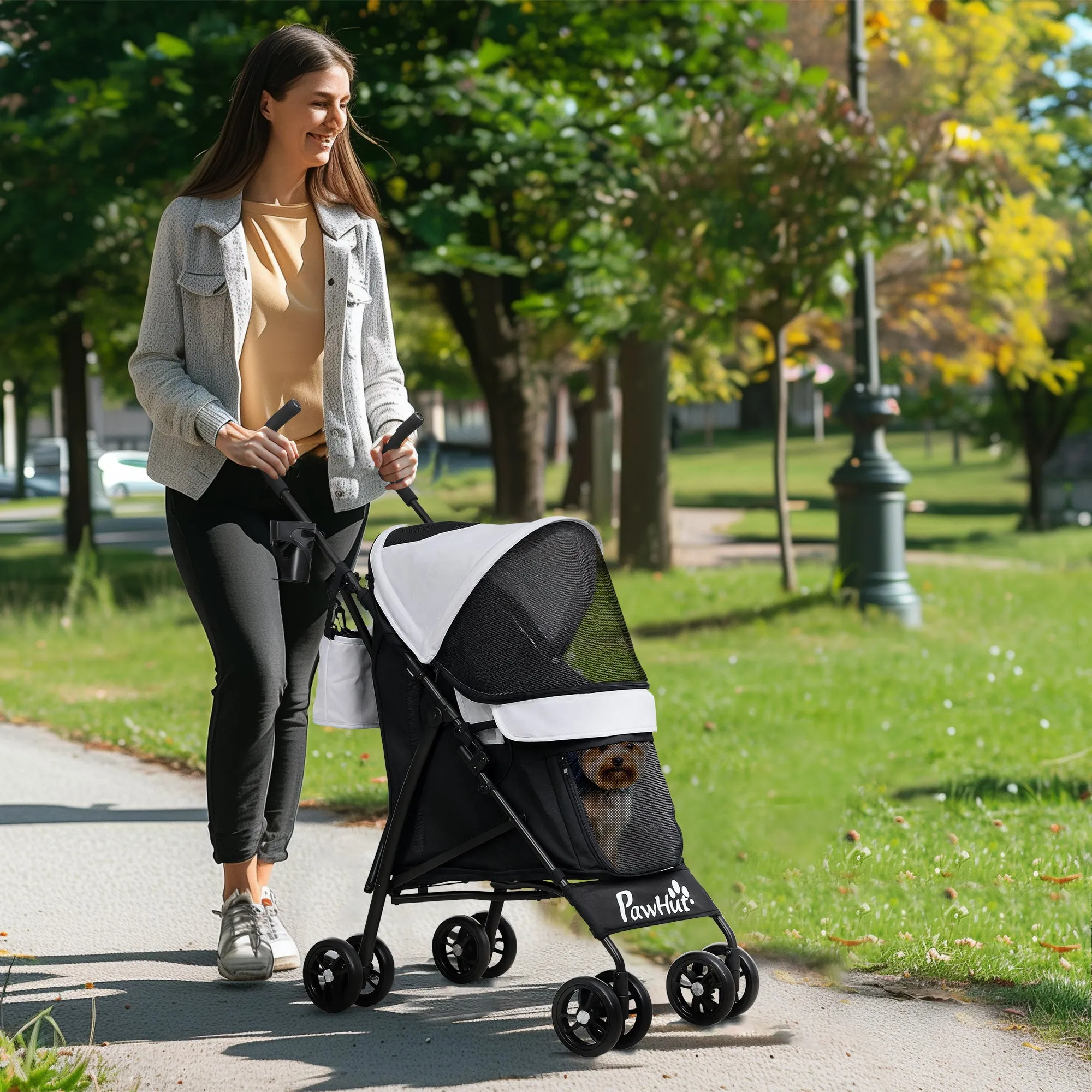 Umbrella Structure Dog Stroller, Lightweight & Portable Dog Pram w/ Shoulder Strap, Storage Bag & Cup Holder, Light Grey