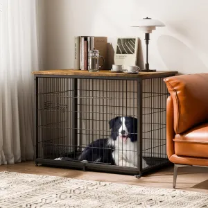 VEVOR 44in Dog Furniture Kennel - Decorative Wooden Dog Crate with Removable Tray, Double Doors, End Table for Small to Large Dogs