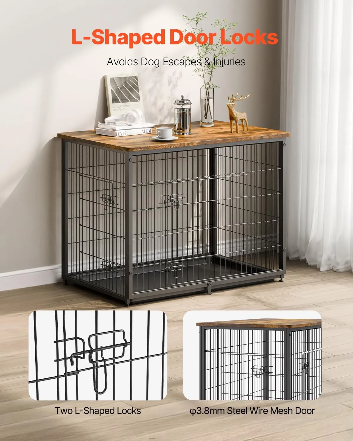VEVOR 44in Dog Furniture Kennel - Decorative Wooden Dog Crate with Removable Tray, Double Doors, End Table for Small to Large Dogs