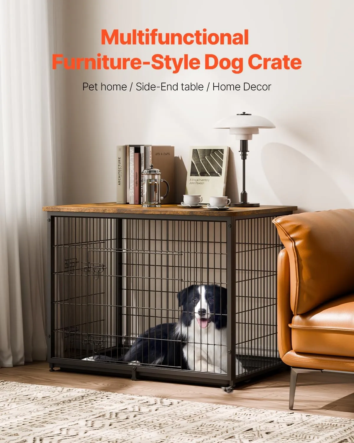 VEVOR 44in Dog Furniture Kennel - Decorative Wooden Dog Crate with Removable Tray, Double Doors, End Table for Small to Large Dogs