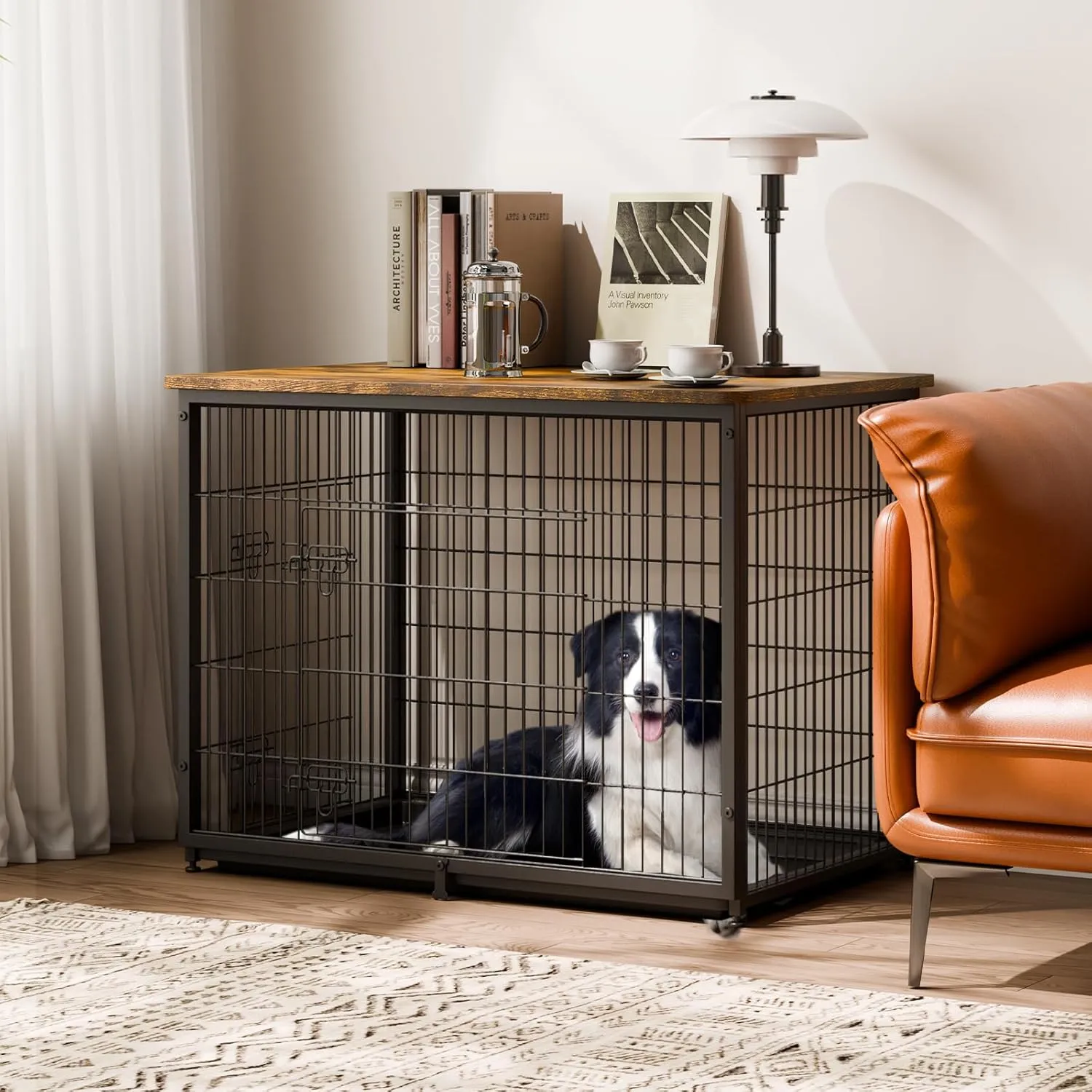 VEVOR 44in Dog Furniture Kennel - Decorative Wooden Dog Crate with Removable Tray, Double Doors, End Table for Small to Large Dogs