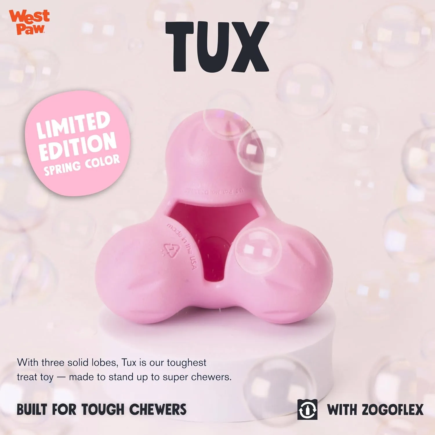 WEST PAW Zogoflex Tux Treat Dispensing Dog Chew Toy  Interactive Chewing Toy for Dogs  Dog Games for Aggressive Chewers, Fetch, Catch  Holds Kibble, Treats, Small 4", Bubblegum