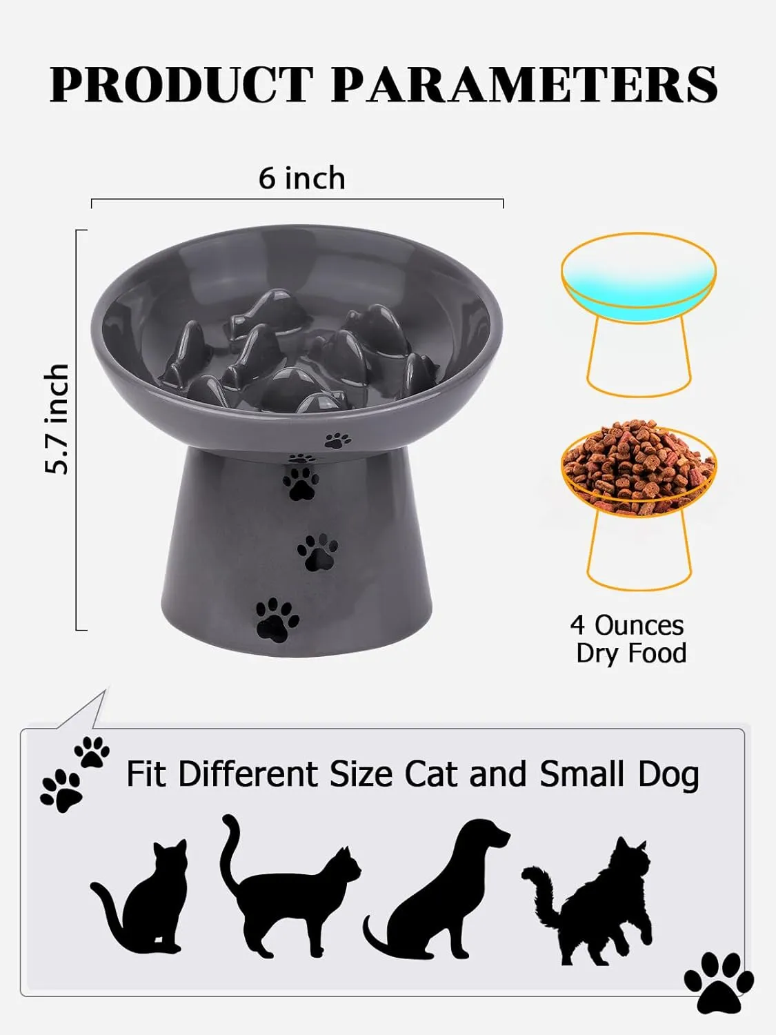 Y YHY 6 Inches Cat Slow Feeder, Cat Food Bowl Elevated Dog Slow Feeder Bowl Ceramic Cat Bowl Anti Vomiting for Dry and Wet Food, Gray