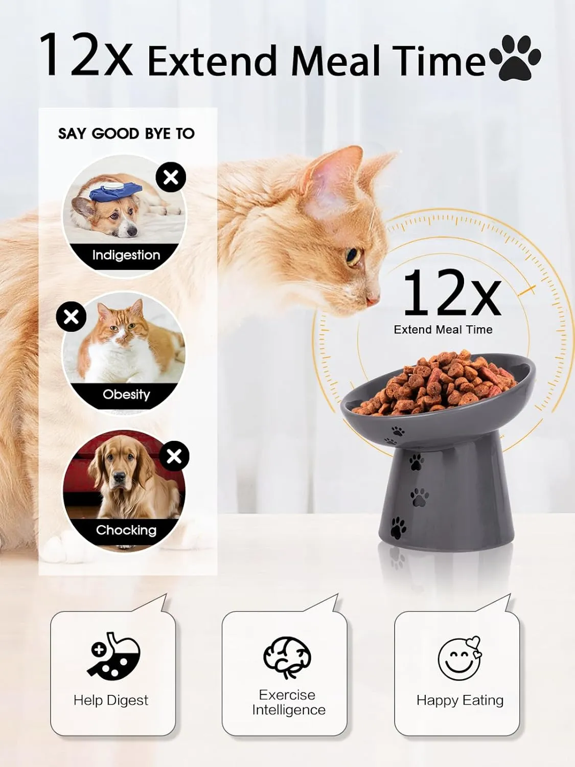 Y YHY 6 Inches Cat Slow Feeder, Cat Food Bowl Elevated Dog Slow Feeder Bowl Ceramic Cat Bowl Anti Vomiting for Dry and Wet Food, Gray