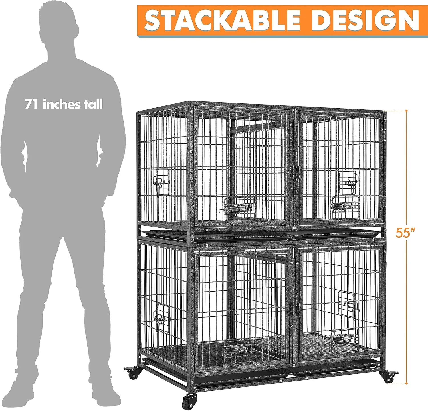 Yaheetech 42'' Stackable Dog Crate w/Divider Heavy Duty Dog Cage with Open Top/2 Removable Trays Rolling Pet Cage for Small/Medium Dogs 2 pcs