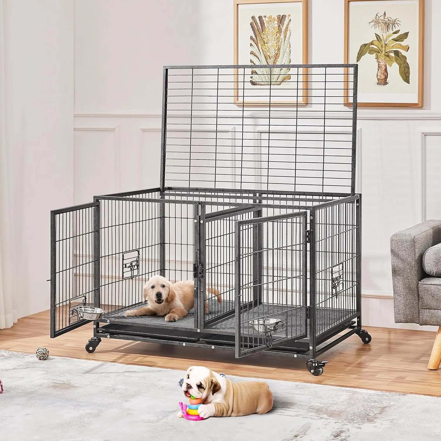Yaheetech 42'' Stackable Dog Crate w/Divider Heavy Duty Dog Cage with Open Top/2 Removable Trays Rolling Pet Cage for Small/Medium Dogs 2 pcs