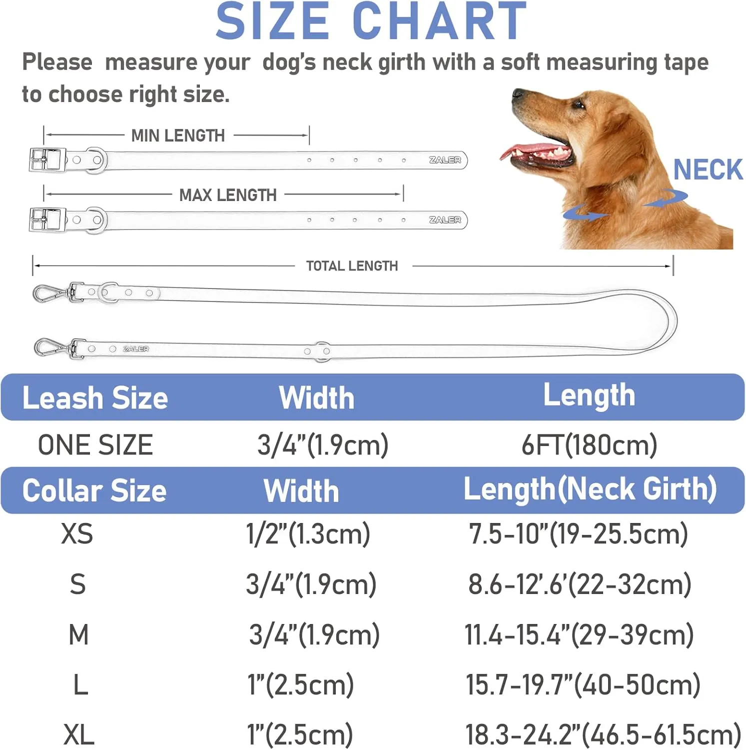 ZALER Dog Collar and Leash Set, Waterproof Adjustable Odor Proof Pet Collars Leashes Easy to Clean, 6FT Dog Leash with 2 Hooks for Large, Medium Small Dogs (S, Blue)