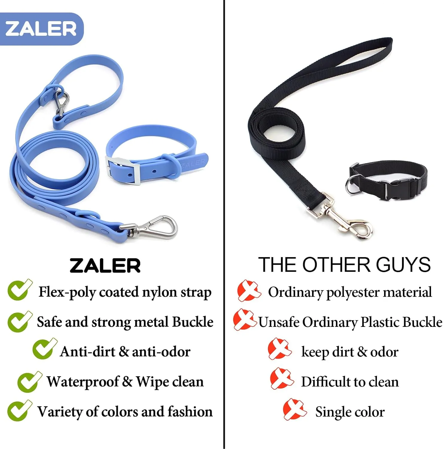 ZALER Dog Collar and Leash Set, Waterproof Adjustable Odor Proof Pet Collars Leashes Easy to Clean, 6FT Dog Leash with 2 Hooks for Large, Medium Small Dogs (S, Blue)